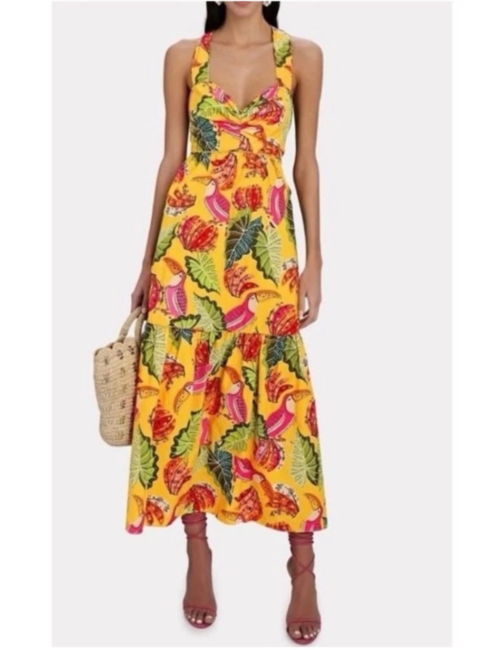 FARM RIO Beaks & Bananas Print Cotton Maxi Sundress Size Medium Floral Yellow
